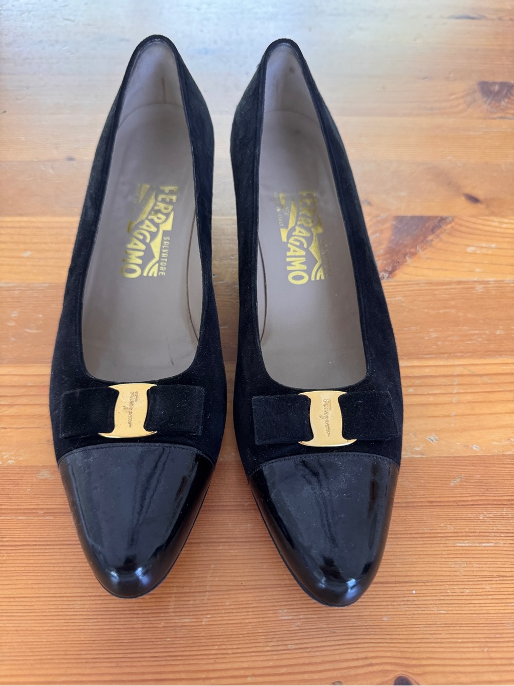Salvatore Ferragamo Black Suede and Patent Cap-Toe Pumps with Gold Vara Buckle